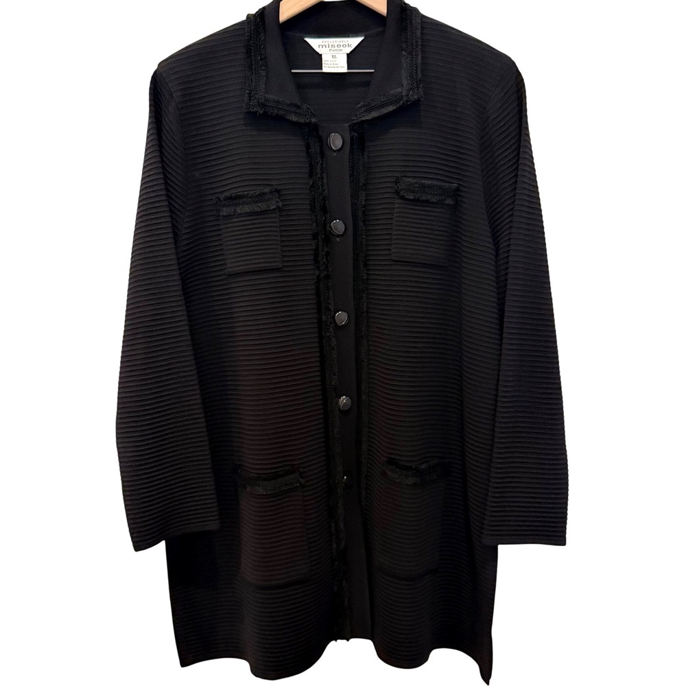 Misook Petite XL Black Ribbed Knit Long Jacket Fringe Trim‎ Sweater Quiet Luxury